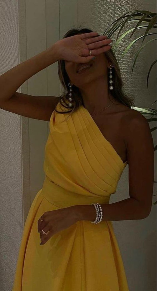 A line Sleeveless One Shoulder Yellow Prom Dress P971