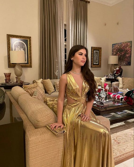 Sexy A line V Neckline Long Gold Prom Dress P977