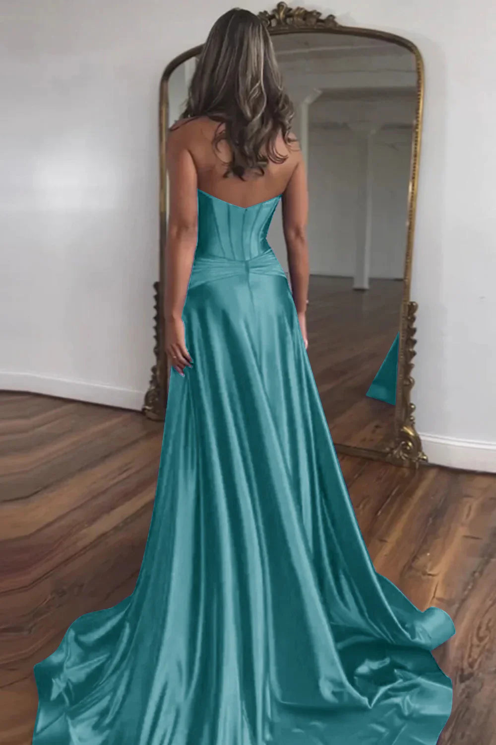 Sweetheart Zipper Back Long Satin Gold Prom Dress With Split
