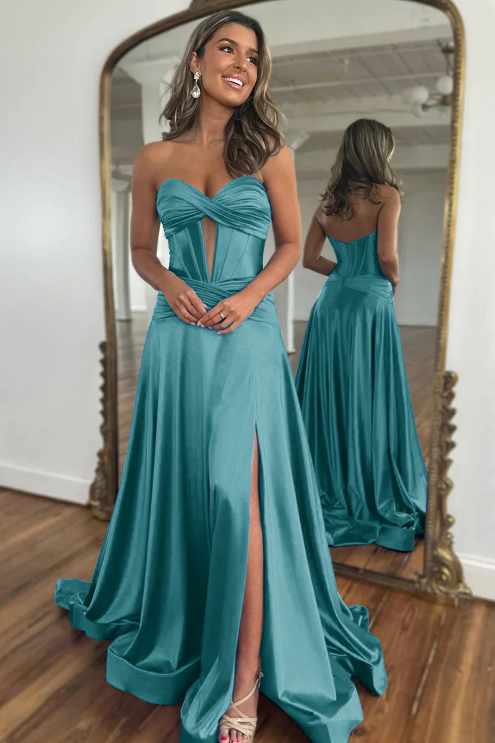 Sweetheart Zipper Back Long Satin Gold Prom Dress With Split