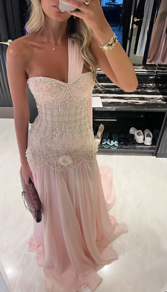 Glamorous One Shoulder Pink Chiffon Pleated Beaded Mermaid Party Dress Prom Dress SP446
