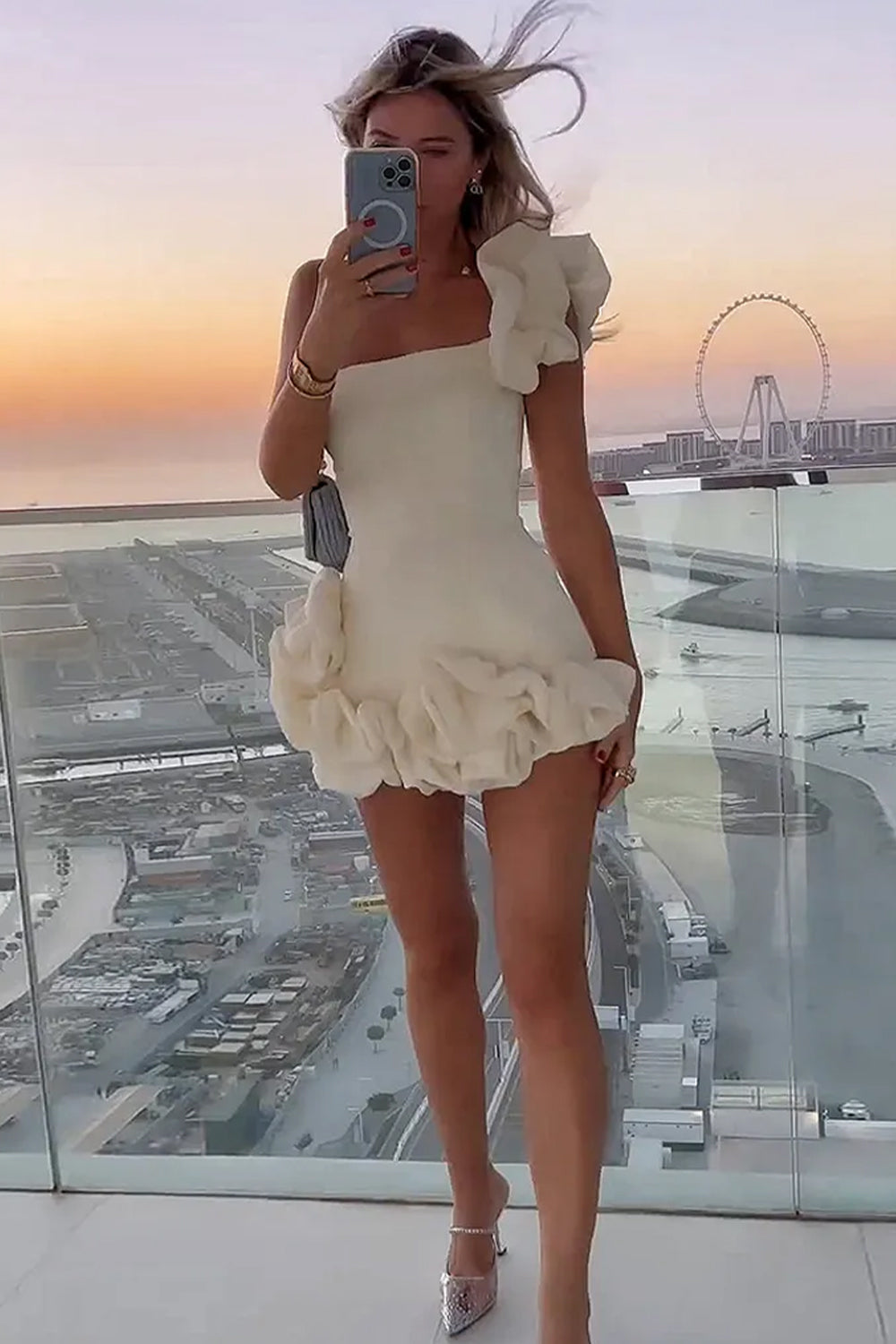 Gorgeous Bodycon One Shoulder White Short Homecoming Dress with 3D Flowers