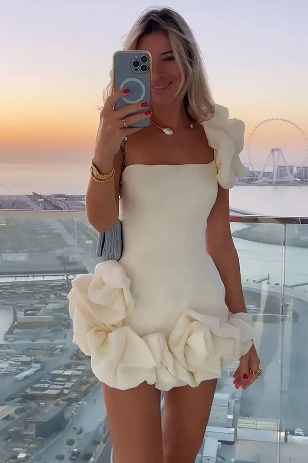 Gorgeous Bodycon One Shoulder White Short Homecoming Dress with 3D Flowers