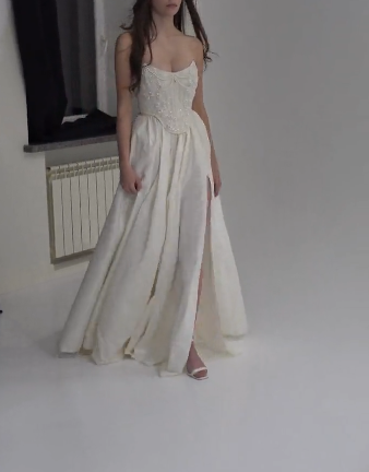 Classy Strapless Satin Beaded Evening Dress,A Line Slit Prom Dress Y8314