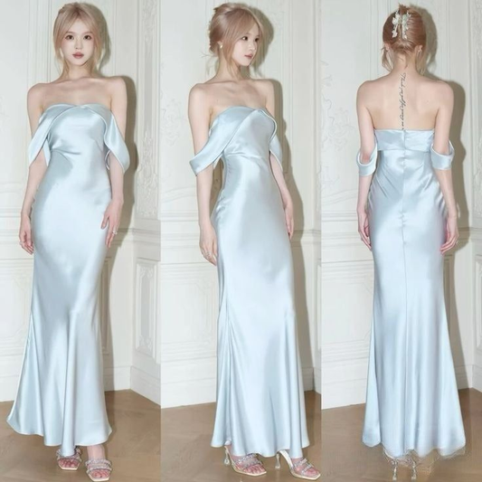 Off The Shoulder Floor-length Mermaid  Light Sky Blue Prom Dress Bridesmaid Dress Y8694