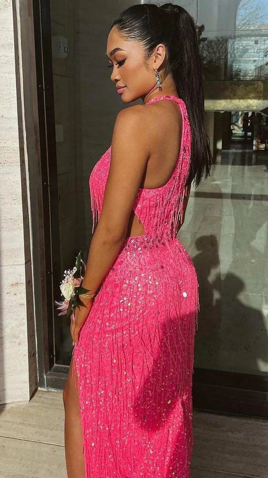 Pink V-Neck Tassel Sequined Prom Dresses V-Neck Mermaid Evening Dress With Slit,AST2205
