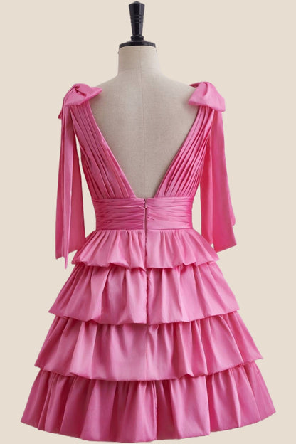 Plunge Neck Hot Pink Layered Ruched Short Dress