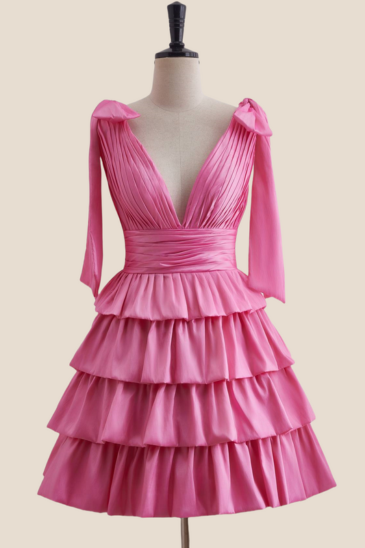 Plunge Neck Hot Pink Layered Ruched Short Dress