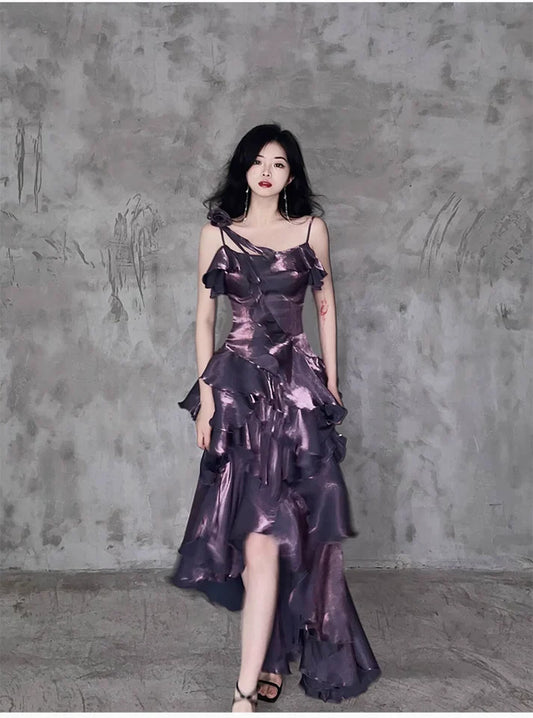 Pretty Irregular Ruffled Spaghetti Straps Grape Prom Dresses With Detachable Rose Long Birthday Dress For Women, LTP3583