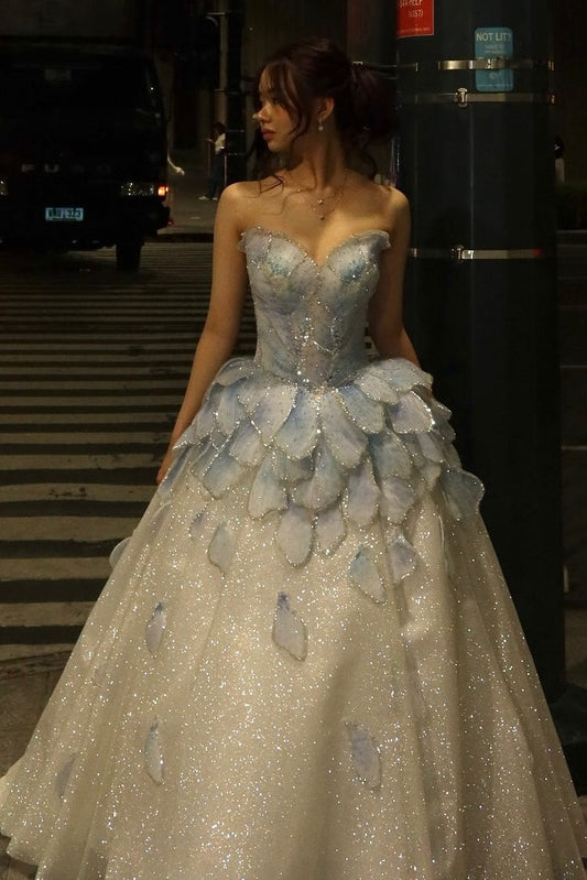 Princess A Line Sweetheart Light Blue Long Prom Dress with Beading