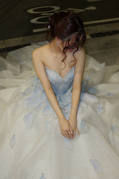 Princess A Line Sweetheart Light Blue Long Prom Dress with Beading