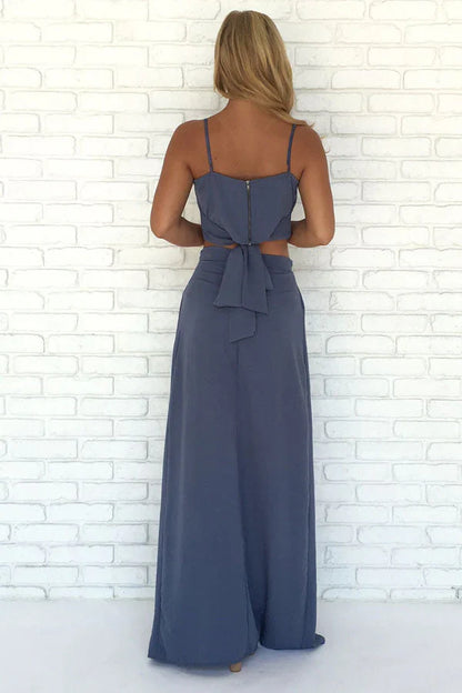 A-Line Two Piece Floor Length Side Slit Prom Dresses