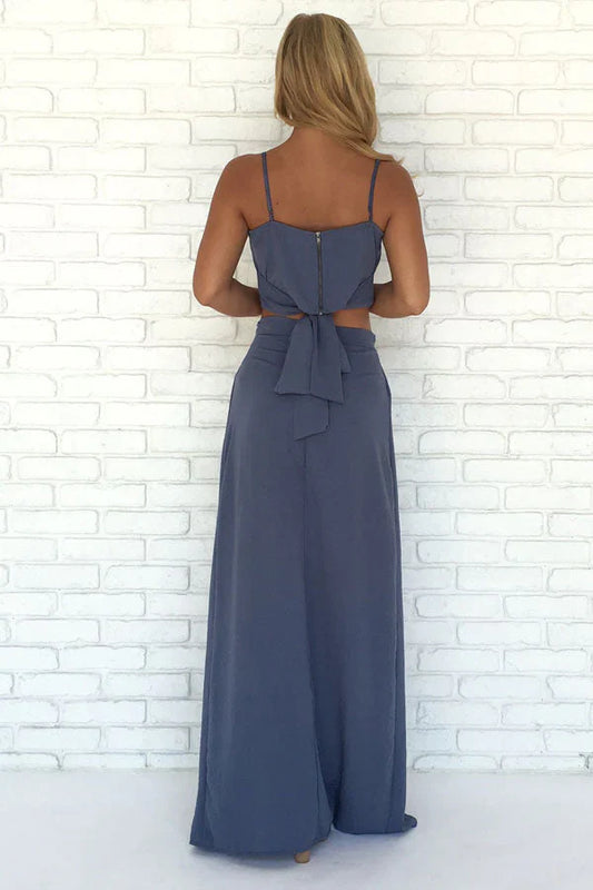 A-Line Two Piece Floor Length Side Slit Prom Dresses