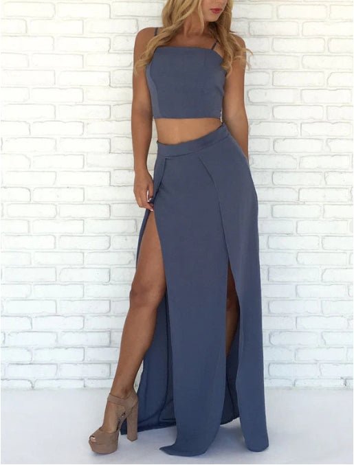 A-Line Two Piece Floor Length Side Slit Prom Dresses