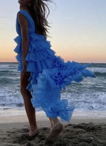 A-line Deep V Neck Sexy High Low Prom Dress