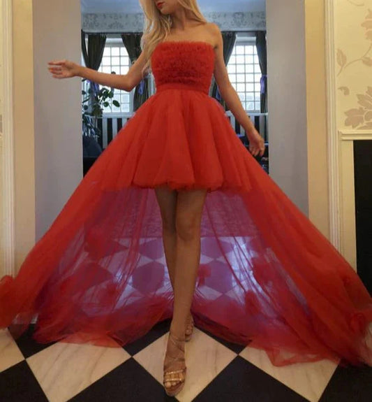 A-line Off-the-Shoulder High Low Prom Dresses