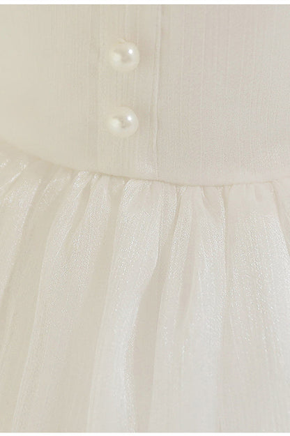 Puff Sleeves White Mesh Birthday Dress with Pearls