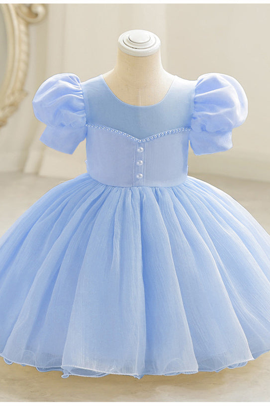 Puff Sleeves White Mesh Birthday Dress with Pearls