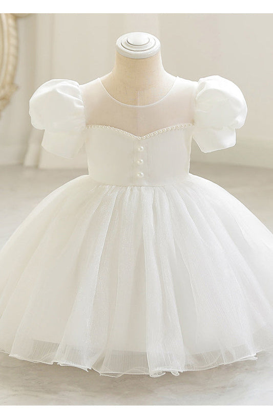 Puff Sleeves White Mesh Birthday Dress with Pearls