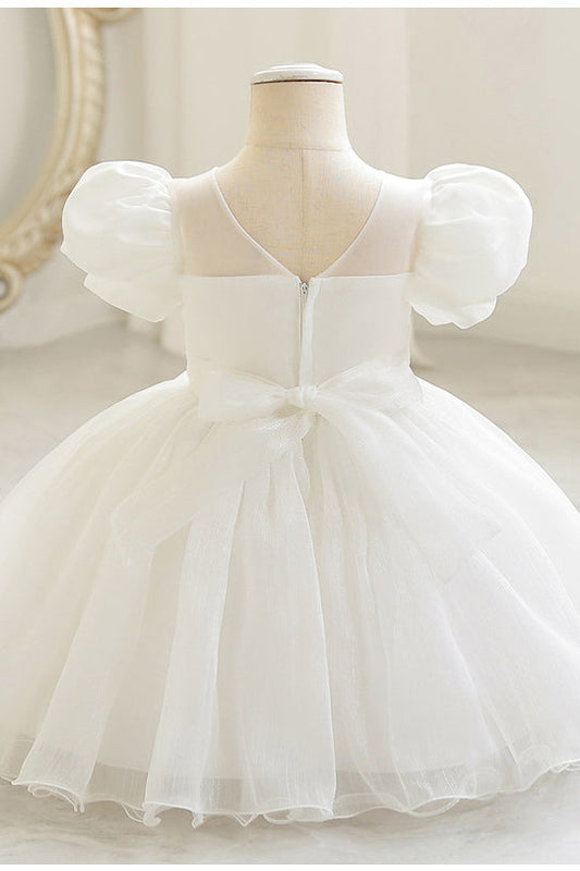 Puff Sleeves White Mesh Birthday Dress with Pearls