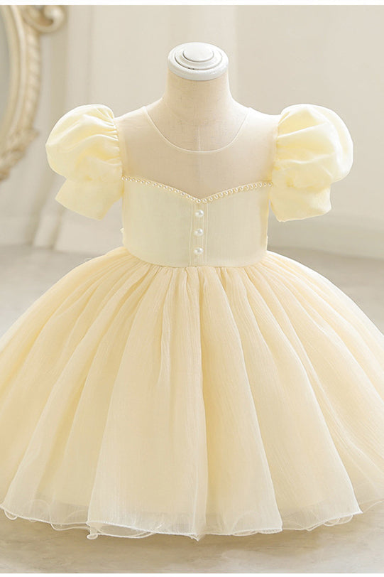 Puff Sleeves White Mesh Birthday Dress with Pearls