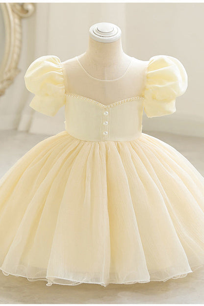 Puff Sleeves White Mesh Birthday Dress with Pearls