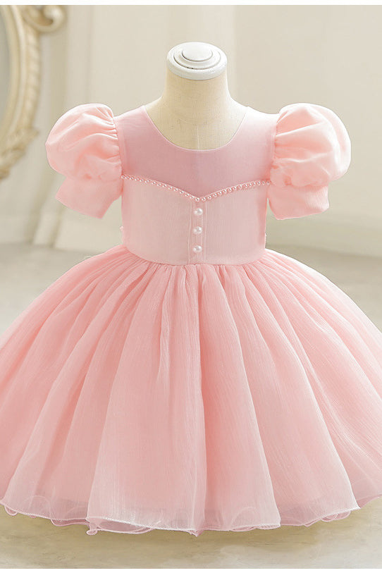 Puff Sleeves White Mesh Birthday Dress with Pearls