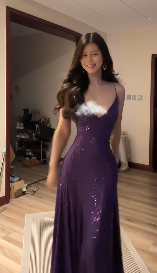 Purple Mermaid Sequin Prom Dress Spaghetti Straps Formal Gown,LTP4297