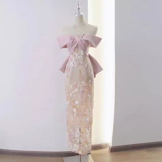 Vintage A line Strapless Party Dresses Pink Prom Dresses P945