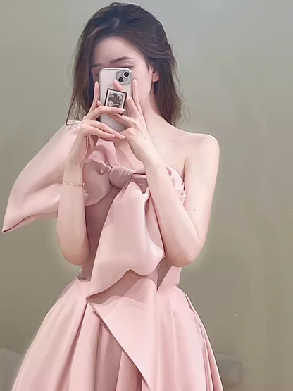 Modest A Line Strapless Long Sleeveless Satin Pink Prom Dresses P1233