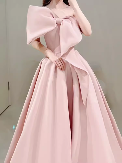 Modest A Line Strapless Long Sleeveless Satin Pink Prom Dresses P1233