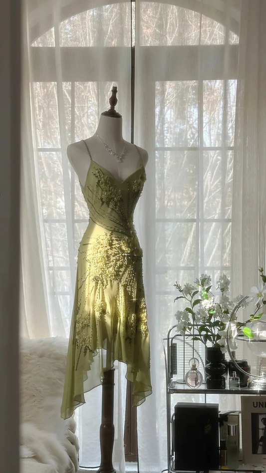 Classy Spaghetti Straps Green Chiffon Beaded Mermaid Cocktail Dress Homecoming Dress Y8854
