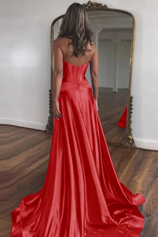 Sweetheart Zipper Back Long Satin Gold Prom Dress With Split