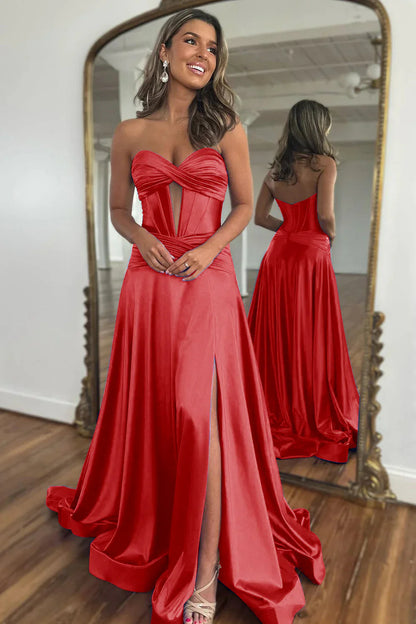 Sweetheart Zipper Back Long Satin Gold Prom Dress With Split