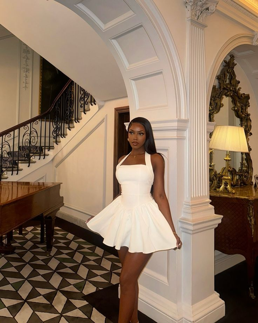 Simple Halter Neck White Satin Mini Homecoming Dress Cocktail Dress Y8840