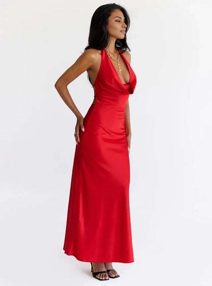 Elegant Red Satin Halter Neck Backless Maxi Dress No Slit Prom Dresses