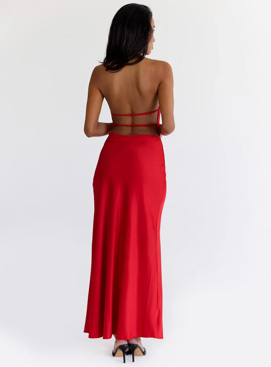 Elegant Red Satin Halter Neck Backless Maxi Dress No Slit Prom Dresses