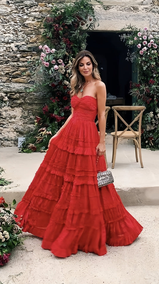 Red Strapless Long Prom Dress - Ruffle A-Line Evening Party Gown