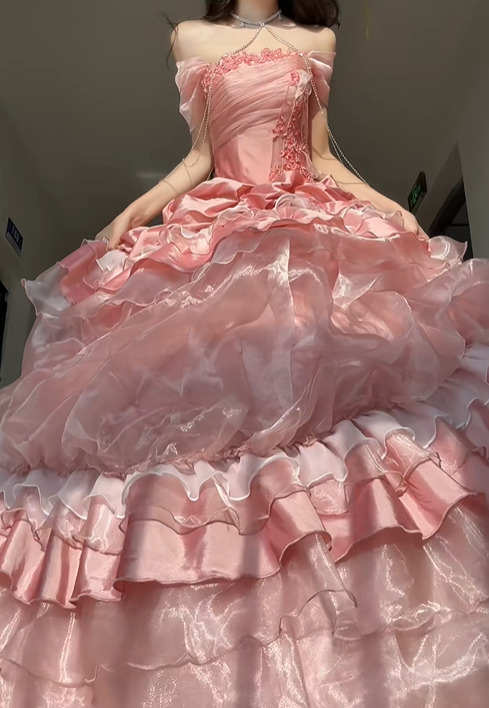 Pink Rose Ball Gown Off the Shoulder Layered Organza Satin Prom Dress Party Dress SH5024