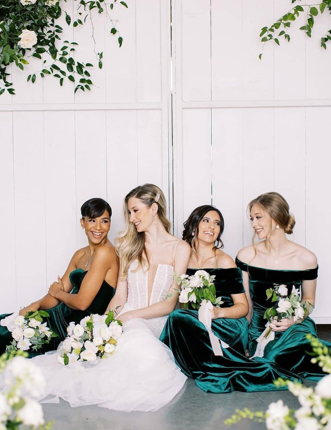 Stunning A Line Off the Shoulder Hunter Green Velvet Bridesmaid Dress Evening Dress SH3199