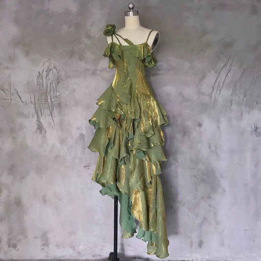 Pretty Irregular Ruffled Spaghetti Straps Green Prom Dresses With Detachable Rose Long Birthday Dress For Women, LTP3573