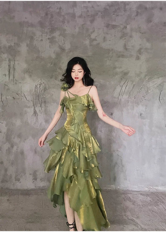 Pretty Irregular Ruffled Spaghetti Straps Green Prom Dresses With Detachable Rose Long Birthday Dress For Women, LTP3573