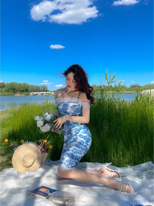 Sexy Sheath Spaghetti Strap Blue Print Floral Satin Short Prom Dress Homecoming Dress SH4228