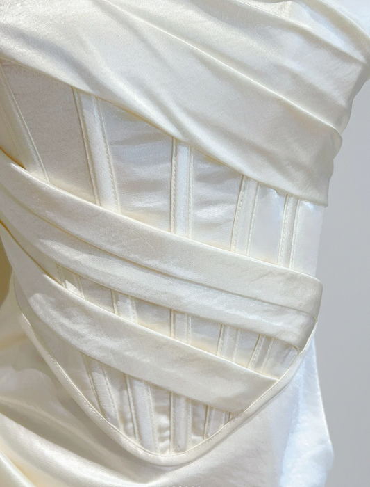 Charming Ivory White Satin Pleated Mermaid Long Bridesmaid Dress SP427