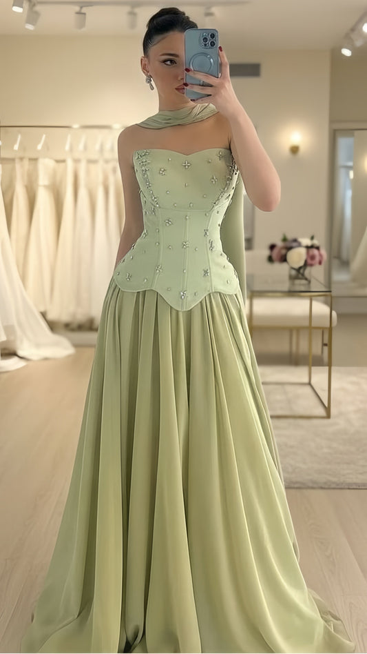 Sage Green Beaded Chiffon Prom Dresses Long Evening Party Dress,LTP4325