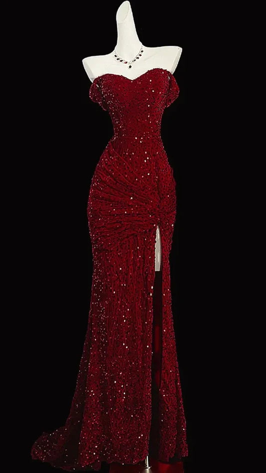 Burgundy Red Sequin Mermaid Prom Dresses Long Evening Party Dress,AST2131