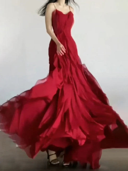 Sexy Mermaid Spaghetti Straps Red Chiffon Ruffles Birthday Dresses Long Prom Dress, LTP3593