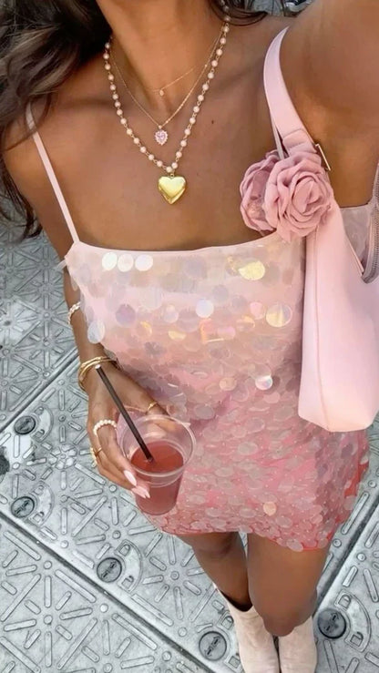 Liymcdress Shiny Spaghetti Straps Sequin Homecoming Dress Short Graduation Dress Lovely Birthday Party Dress No With Accessories