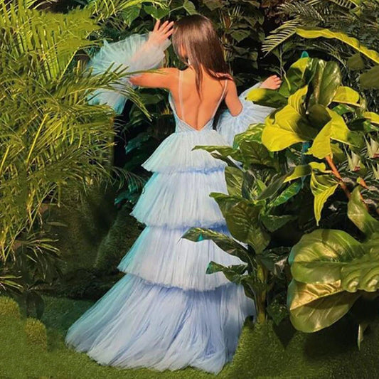 Shiny V Neck High Low Blue Prom Dresses, Backless Blue High Low V Neck Formal Evening Dresses