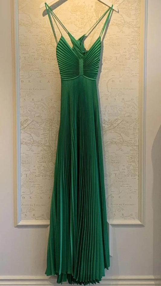 Green Pleated A-Line Prom Dress - V-Neck Satin Evening Party Gown